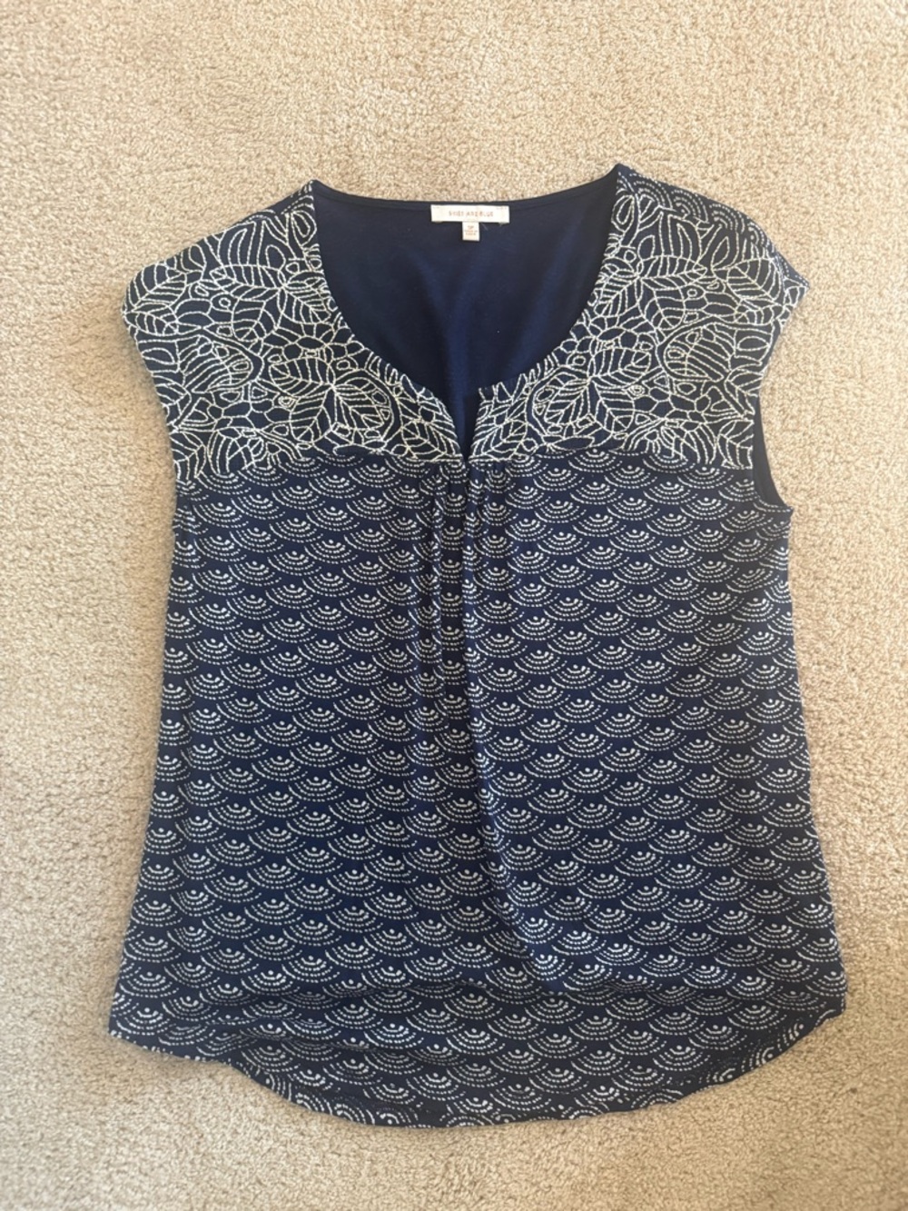 Navy Embroidered Cap-Sleeve Shell